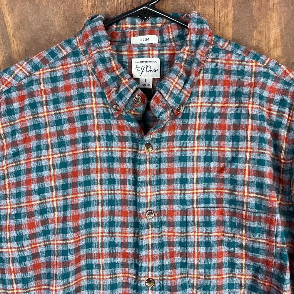 J Crew Mens Flannel Shirt Multicolor Green Gray Orange Plaid Slim Button Down L